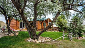 Une cabane en bois avec un toit vert, entourée d’une zone herbeuse parsemée de rochers et agrémentée d’un hamac.