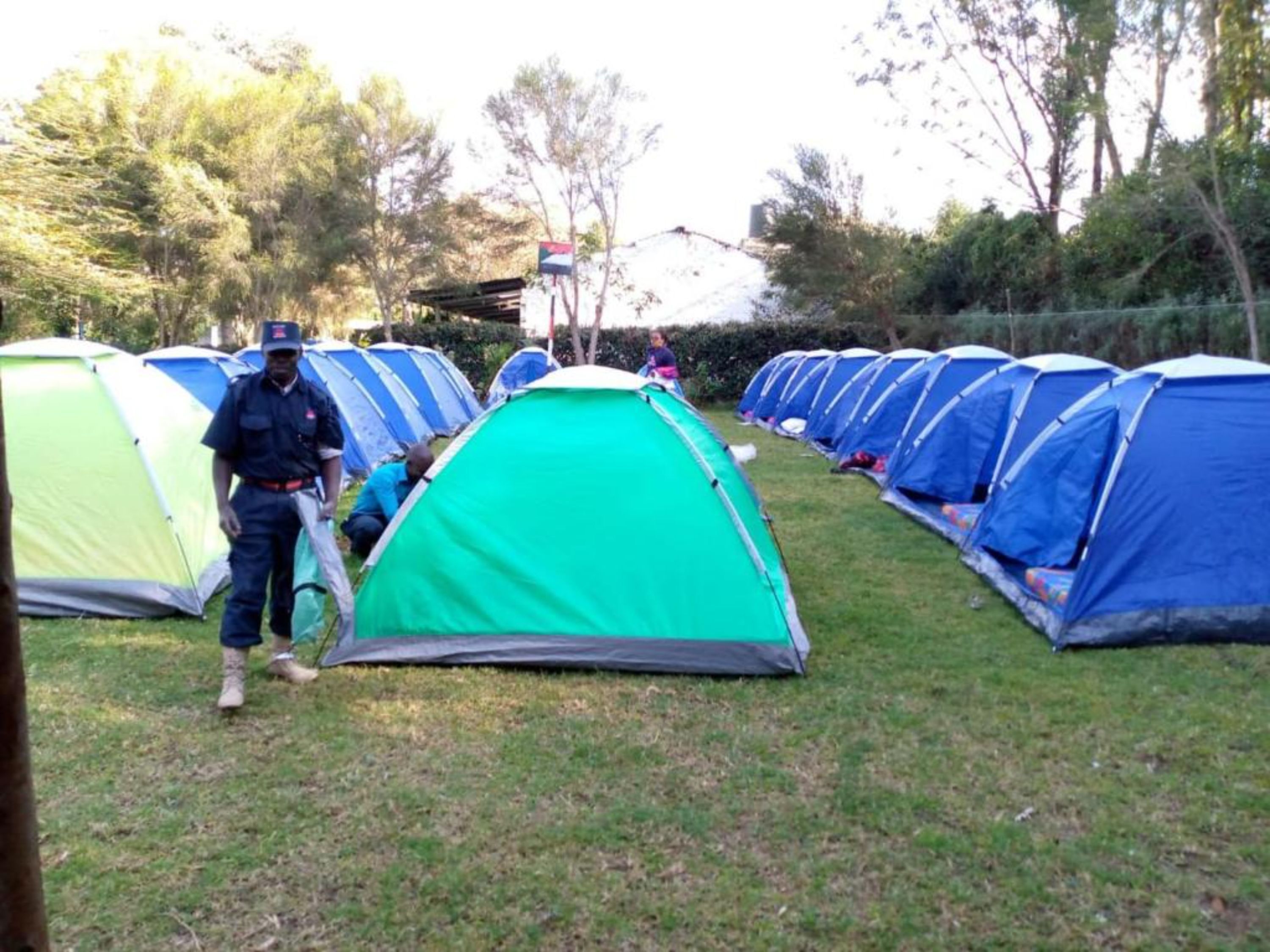 A row of tents in a campsite.