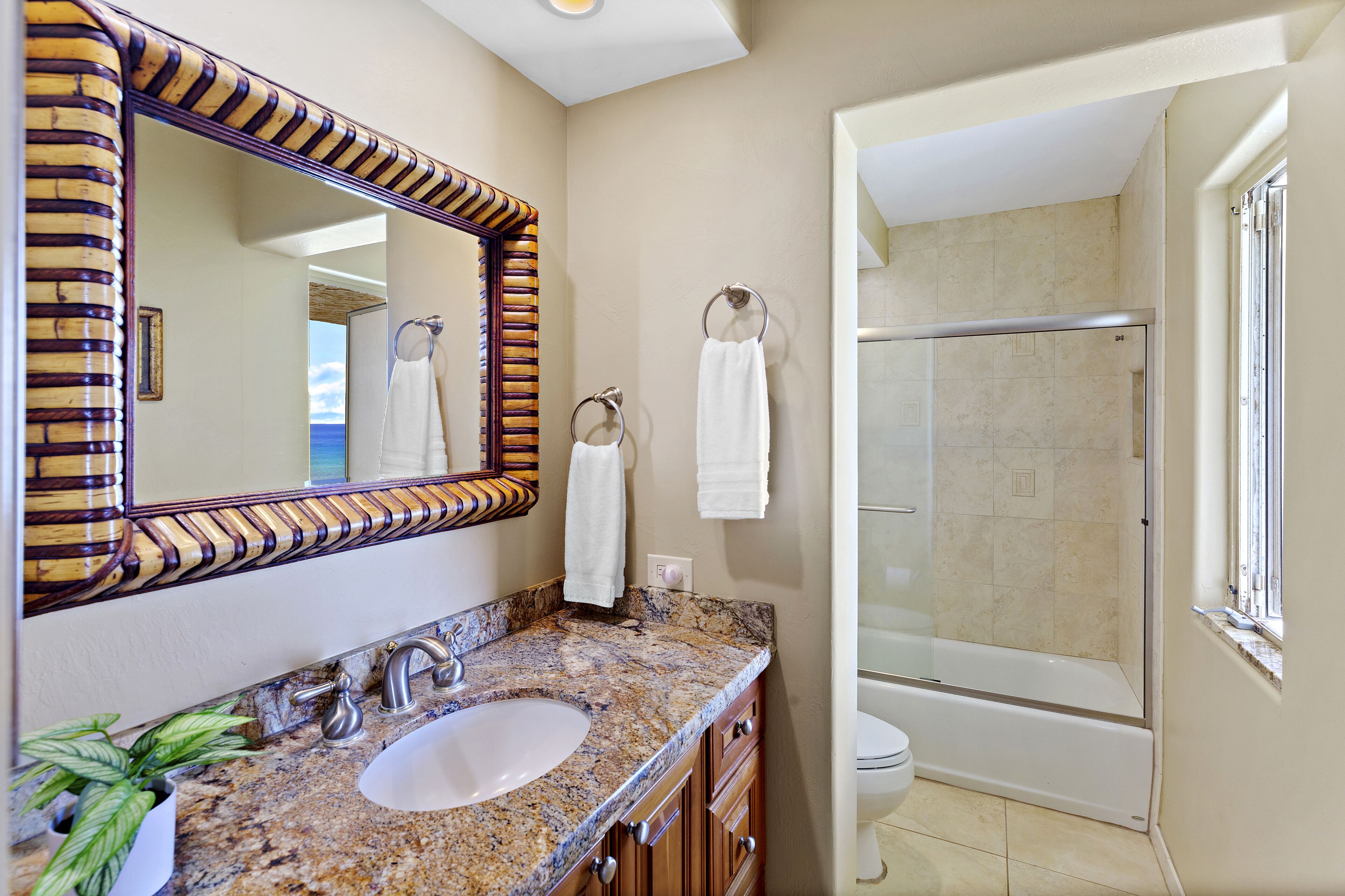 Combined shower/tub, hair dryer, towels, soap