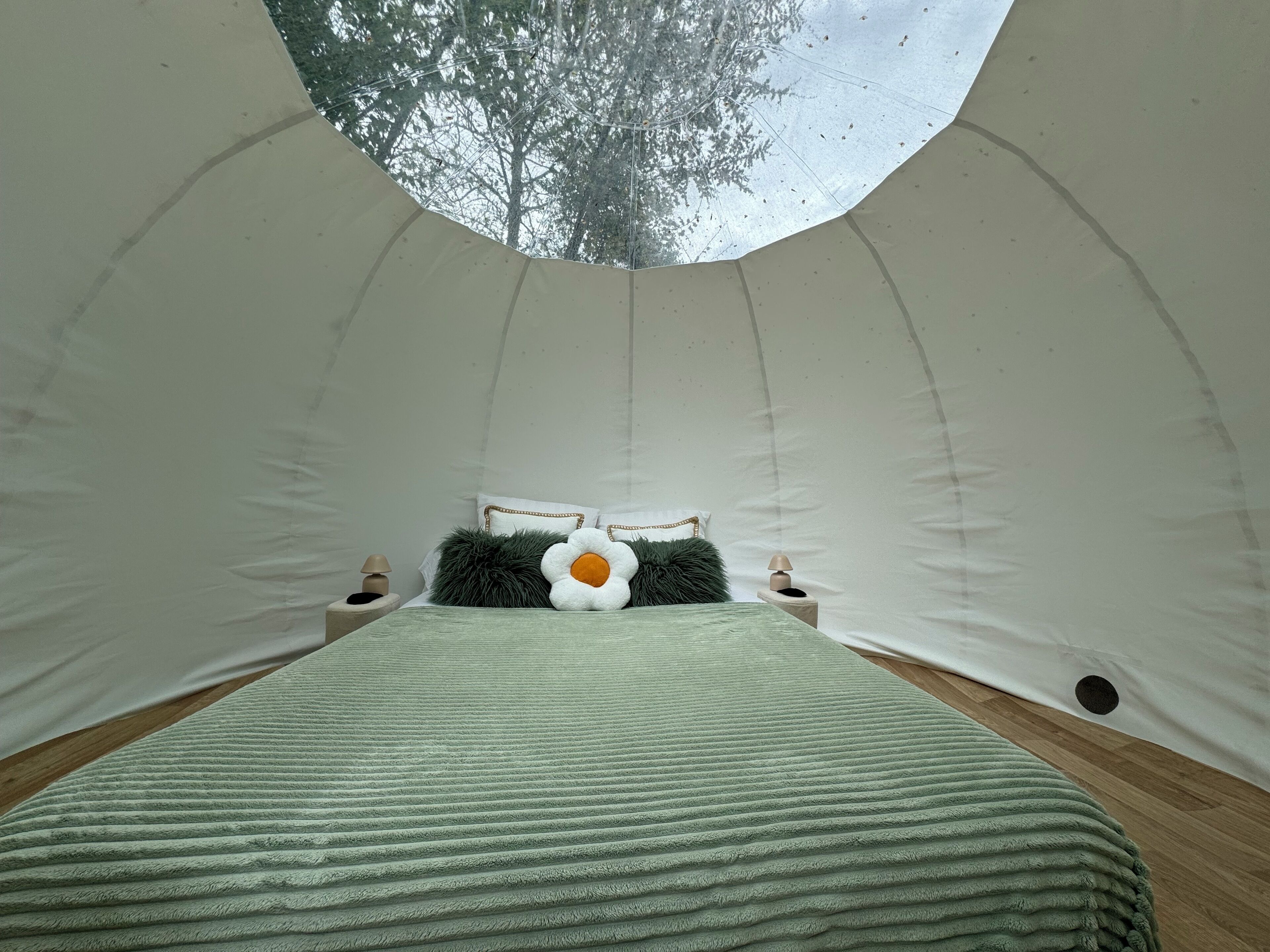A cozy tent-style room with a bed, pillows, and a view of trees through a circular skylight.