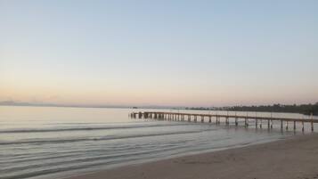 Een strand met een houten pier die zich uitstrekt in rustig water.