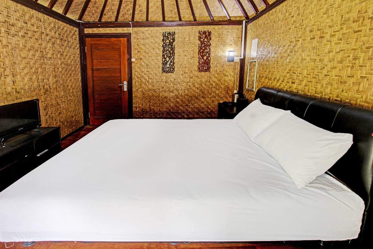 A room with a large bed, a wooden door, and a television on a stand.