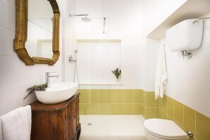 Een douche,  milieuvriendelijk toiletgerief, een haardroger, een bidet