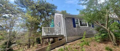 A small cabin with a wooden deck and a blue window, surrounded by trees.