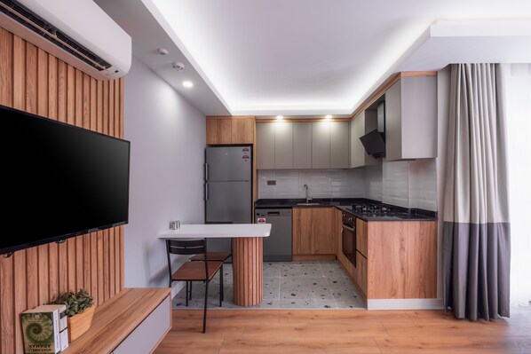 Full-size fridge, oven, stovetop, dishwasher