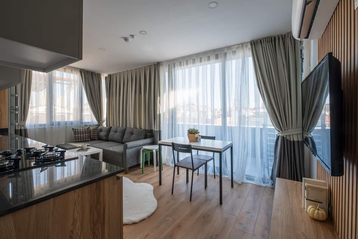 A modern living room with a sofa, dining table, and chairs, a kitchen area with a stove, and a flat-screen TV mounted on the wall.