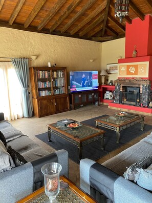 Télévision, cheminée, jeux vidéo, livres