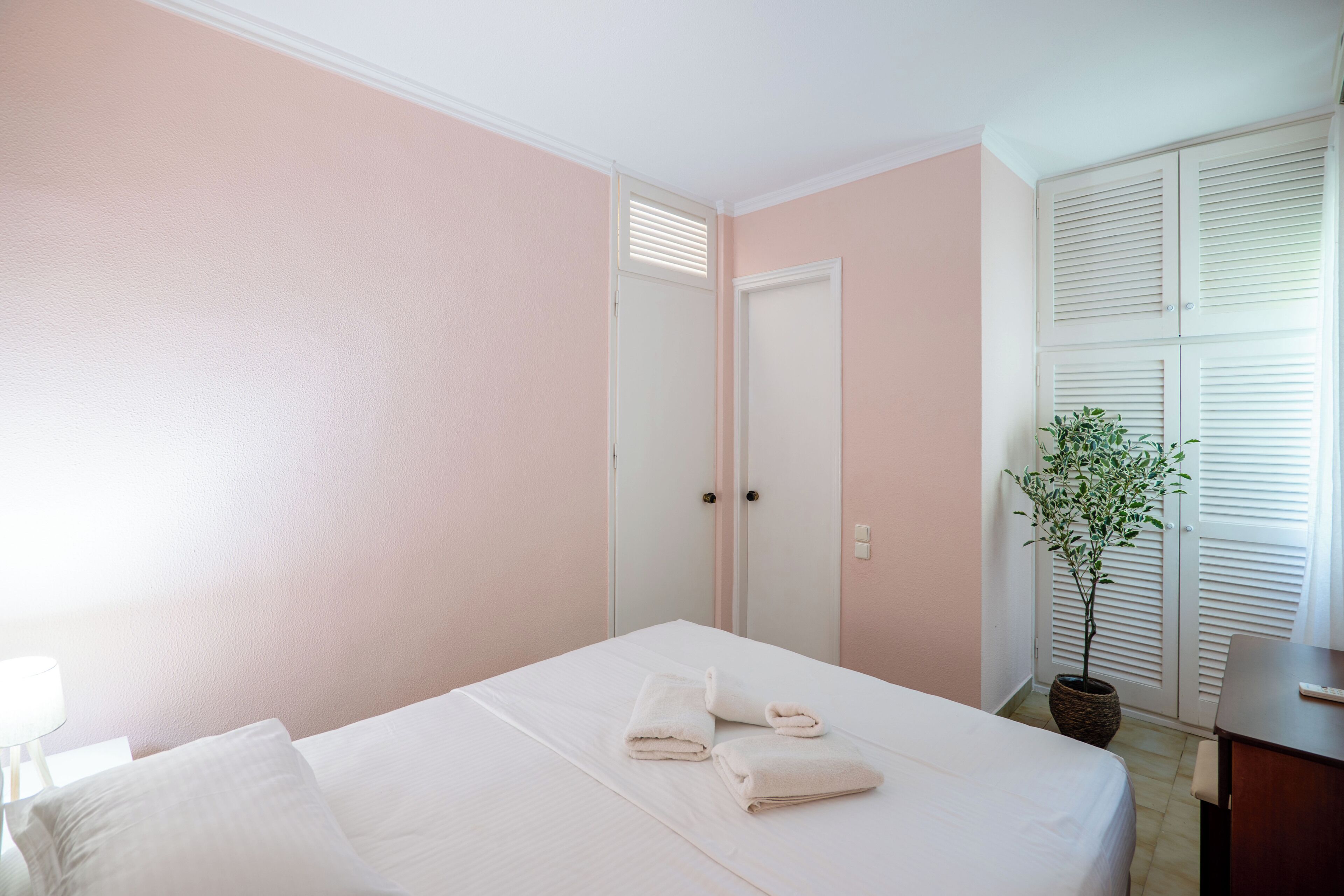 Un dormitorio con cama, mesita de noche, planta en maceta y armario.