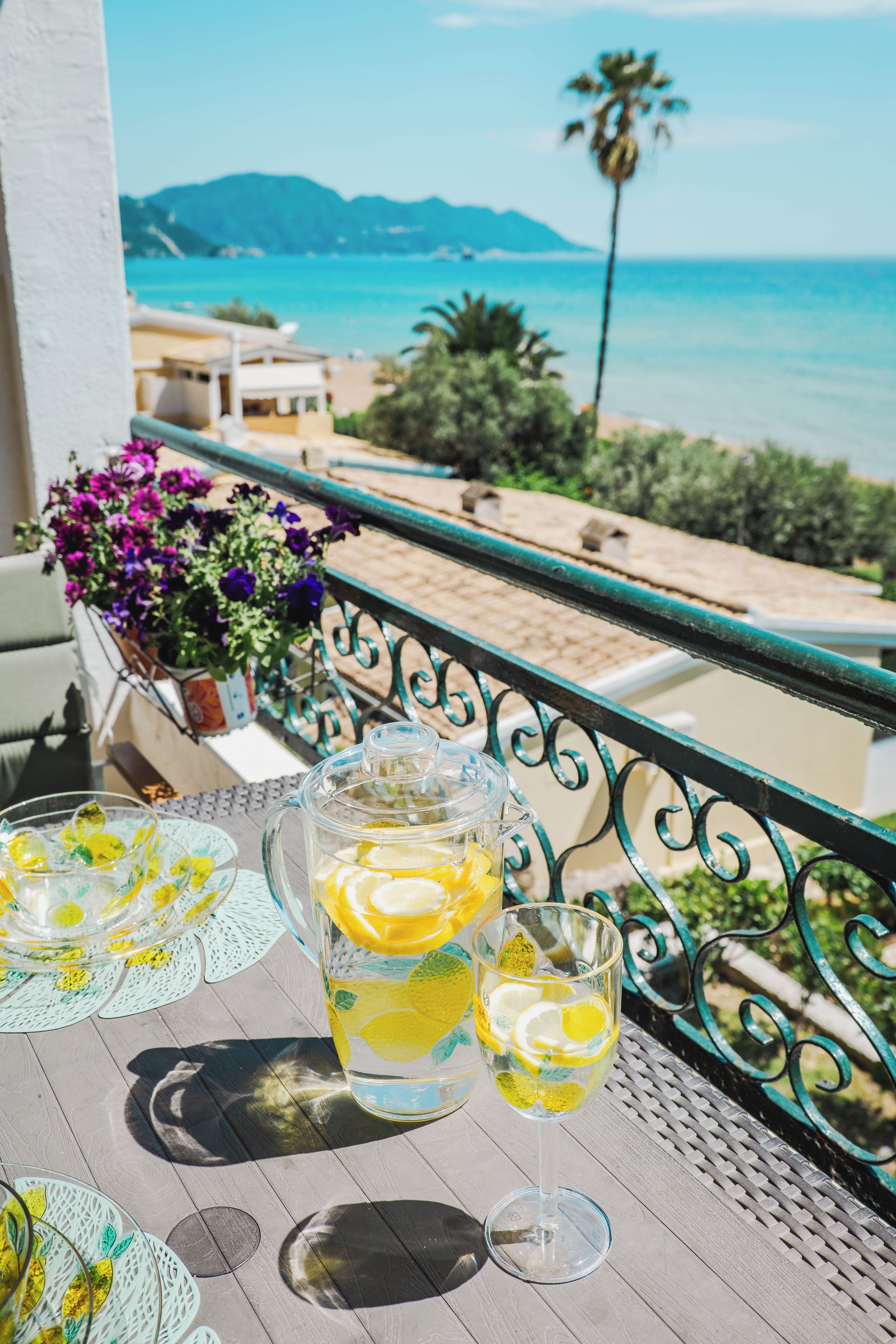 A balcony with a view of the sea and mountains, a table with drinks, and a potted plant.