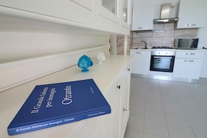 Une cuisine moderne avec des meubles blancs, un four à micro-ondes et un four traditionnel.