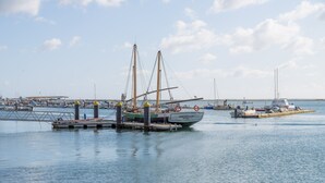 Un port où des bateaux sont amarrés aux quais, un pont et une côte lointaine.