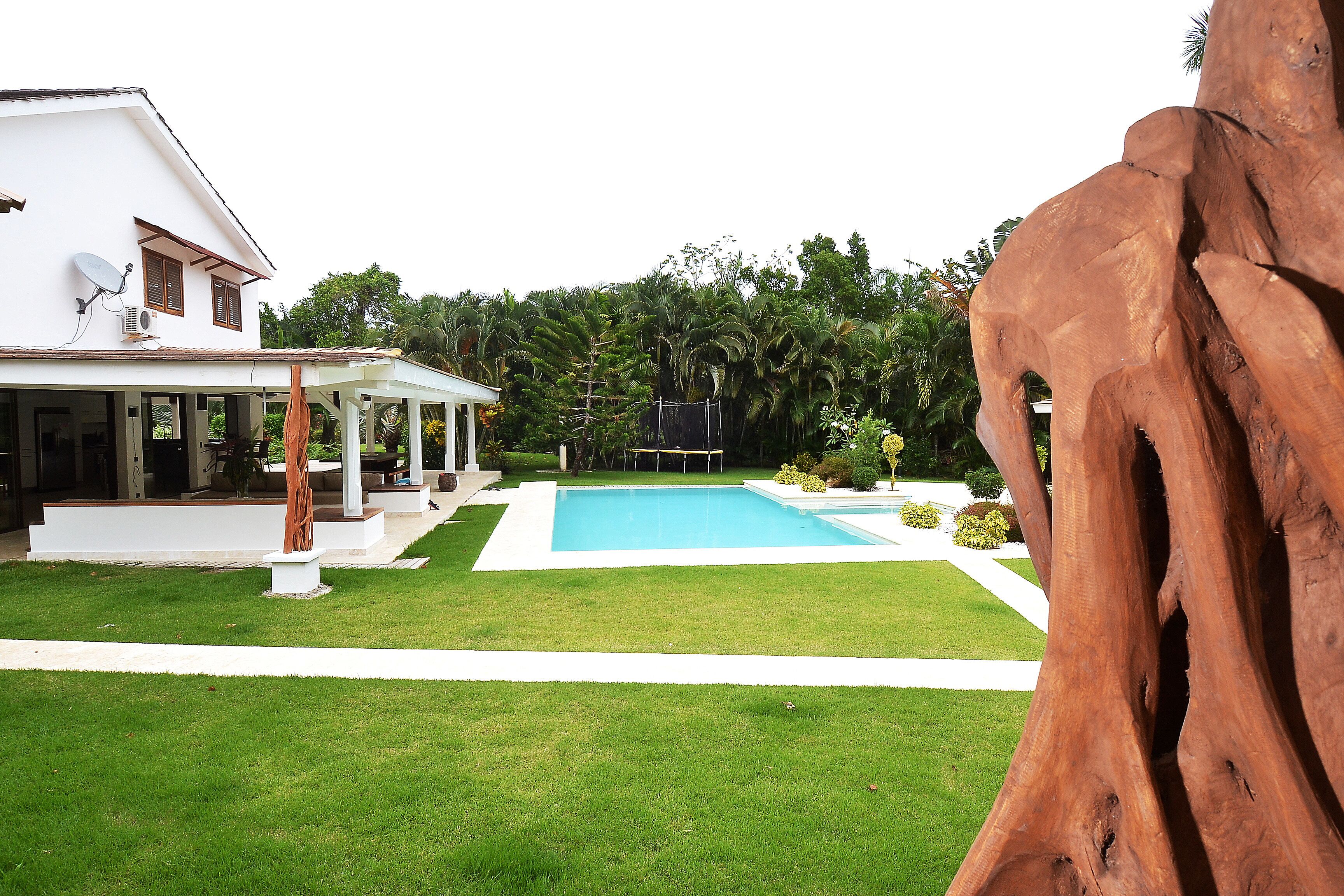Ein Haus mit Swimmingpool, einer überdachten Terrasse und einem großen Baumstamm im Vordergrund.