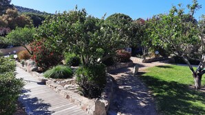 A wooden boardwalk through a landscaped garden with various shrubs and trees.