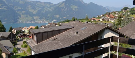 Un quartiere residenziale con case, una montagna e un lago.