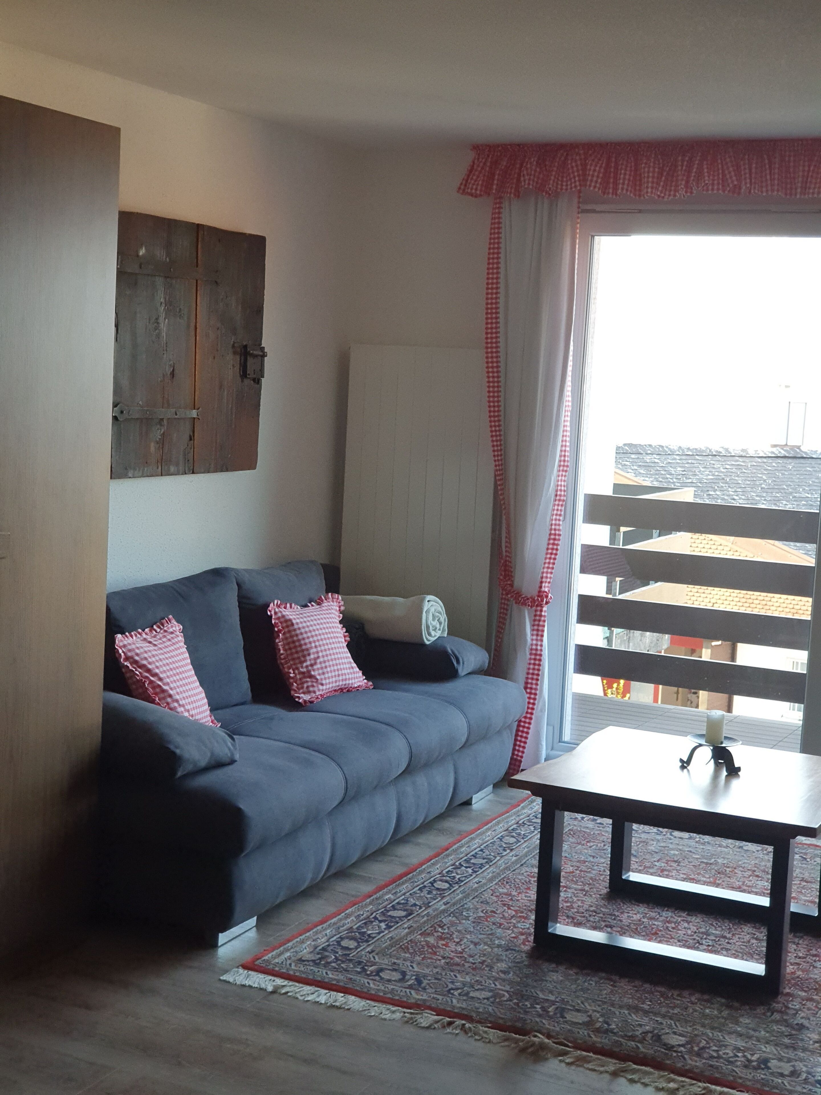 A living room with a grey sofa, a small table, a patterned rug, and a view through a window with a balcony.