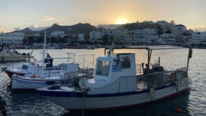 Een jachthaven met aangemeerde boten, een heldere lucht en een stadsgezicht op de achtergrond.