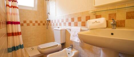 A bathroom with a shower, toilet, bidet, and sink.
