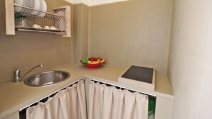 Una cocina compacta con un lavamanos, un escurreplatos y un cuenco de fruta.