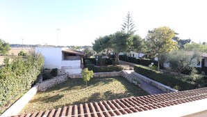 Un cortile con un muro in pietra, un piccolo albero e un edificio bianco.
