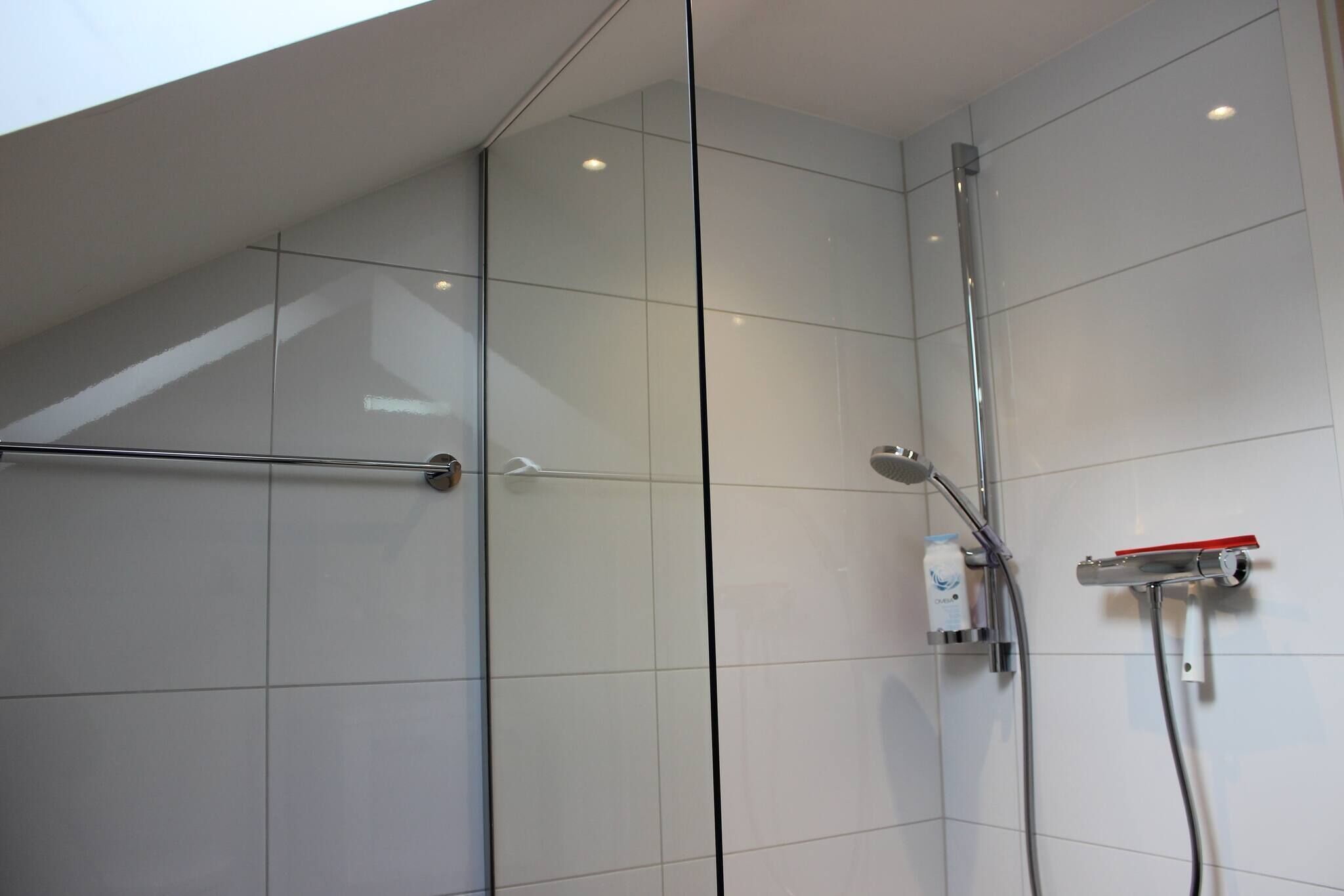 A modern shower area with glass doors, a glass partition, and a handheld showerhead.