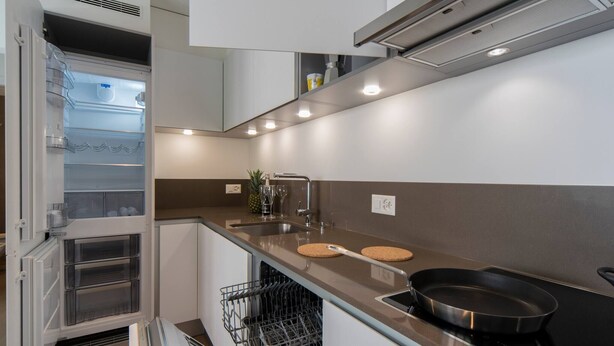 A compact kitchen with a built-in refrigerator, a stove, and a sink. - Vacation Rental City 10 in Massagno (Massagno)