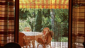 Ein Zimmer mit Blick durch ein fenster mit Muster, ein Tisch und Stühle.
