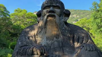 Une grande statue de pierre représentant une figure assise, dotée d’une longue barbe et tenant un bâton, se dressant sur un fond de verdure luxuriante, composé d’arbres et de collines.