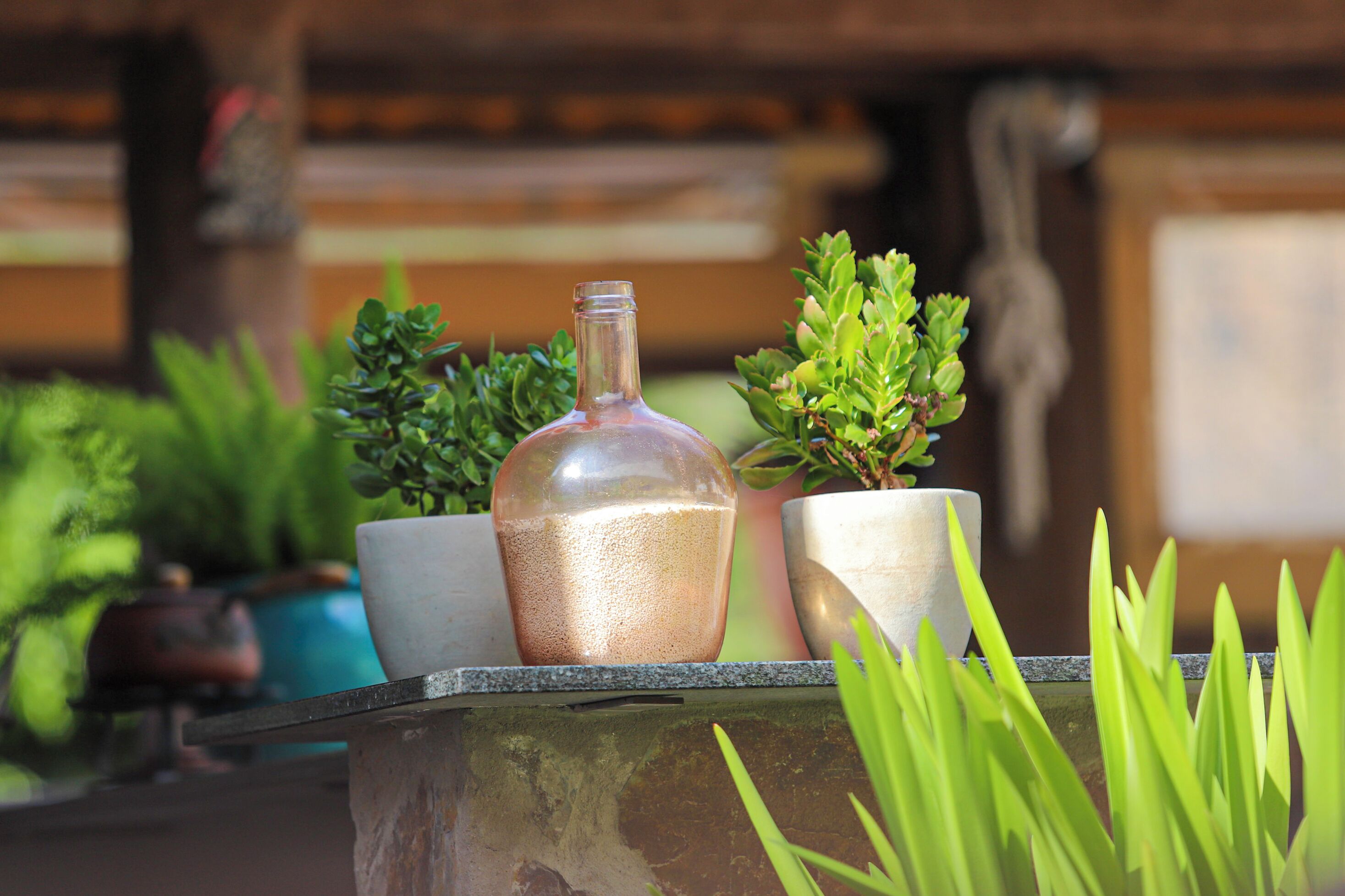 Een potplantenarrangement met een heldere glazen fles op een metalen oppervlak.