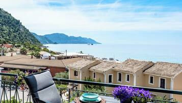 A balcony with a chair and potted plants, overlooking a coastal village with terracotta-roofed buildings and a view of the sea.