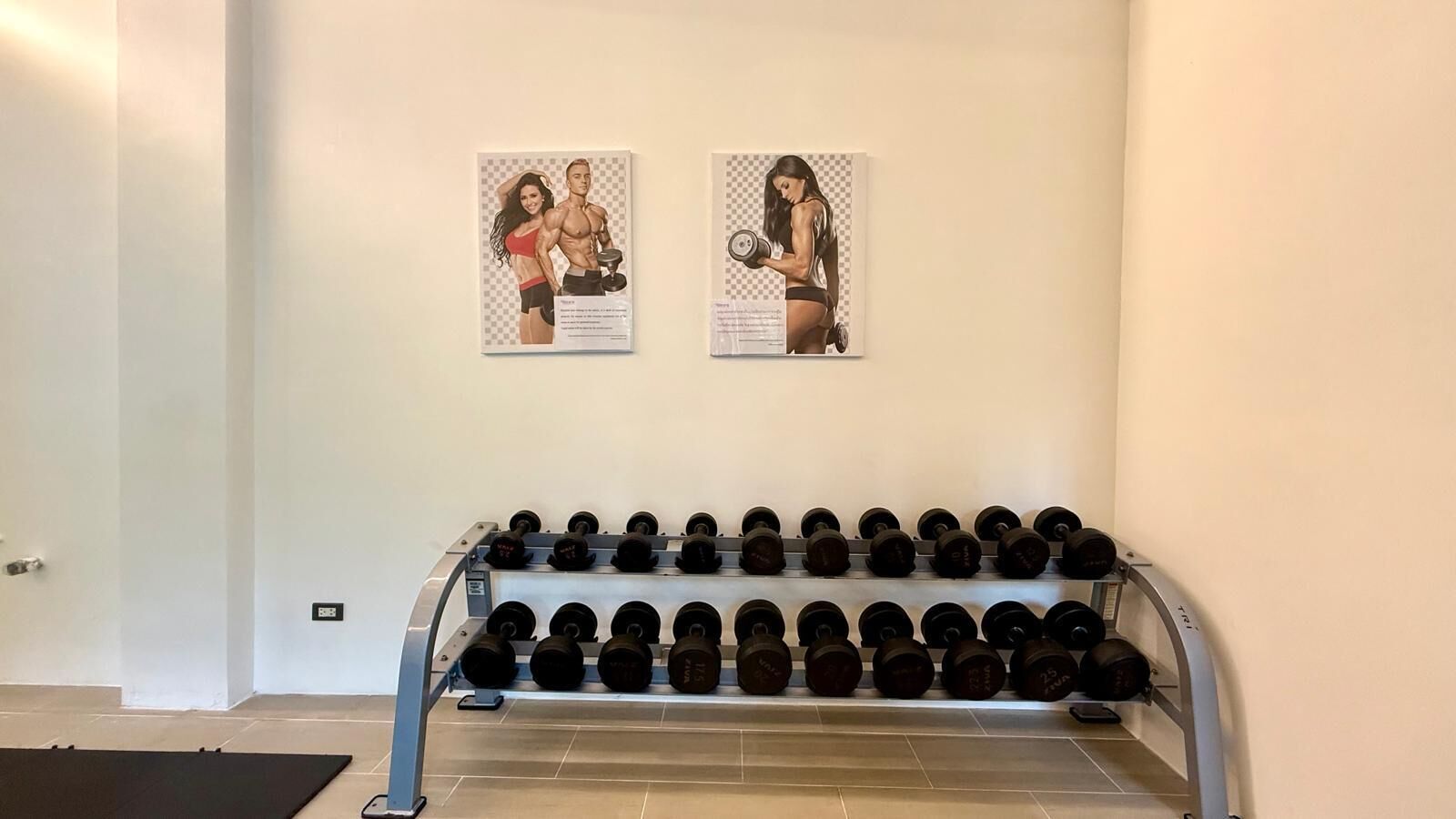 A gym with a rack of dumbbells, two posters on the wall, and a door on the left.