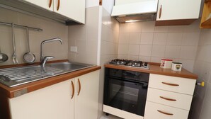 Una cocina compacta con un lavamanos, estufa y cajones para guardar cosas.