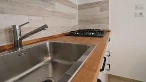 A modern kitchen with a stainless steel sink, wooden countertop, and a gas stove.