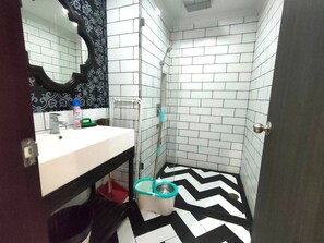 Shower, hair dryer, towels