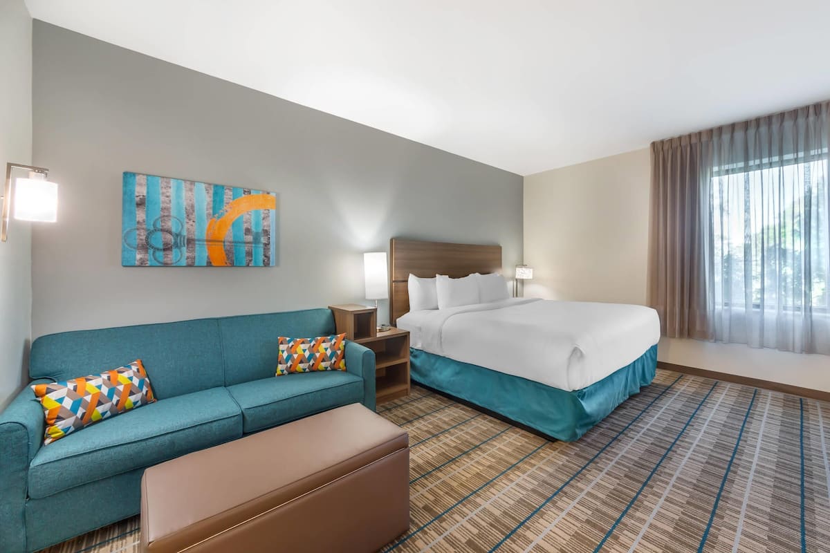 1 bedroom, laptop workspace, blackout drapes, iron/ironing board