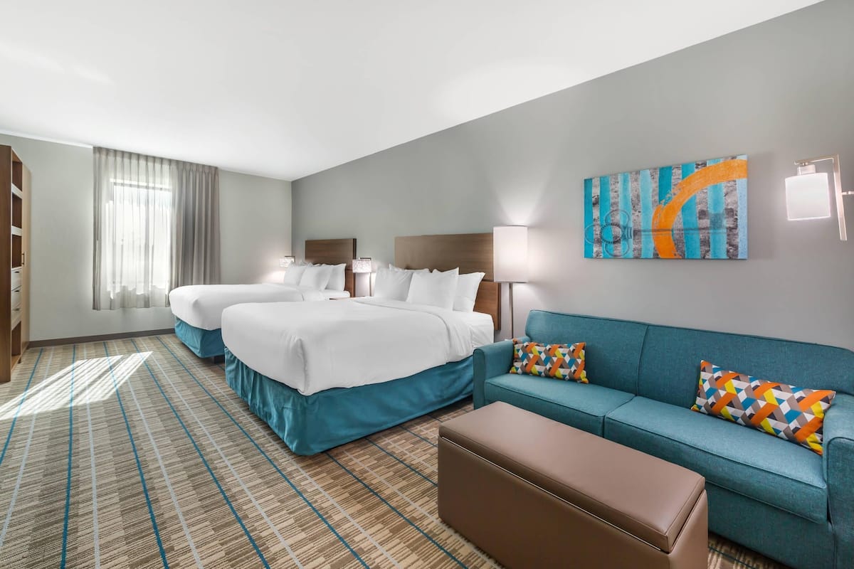 1 bedroom, laptop workspace, blackout drapes, iron/ironing board