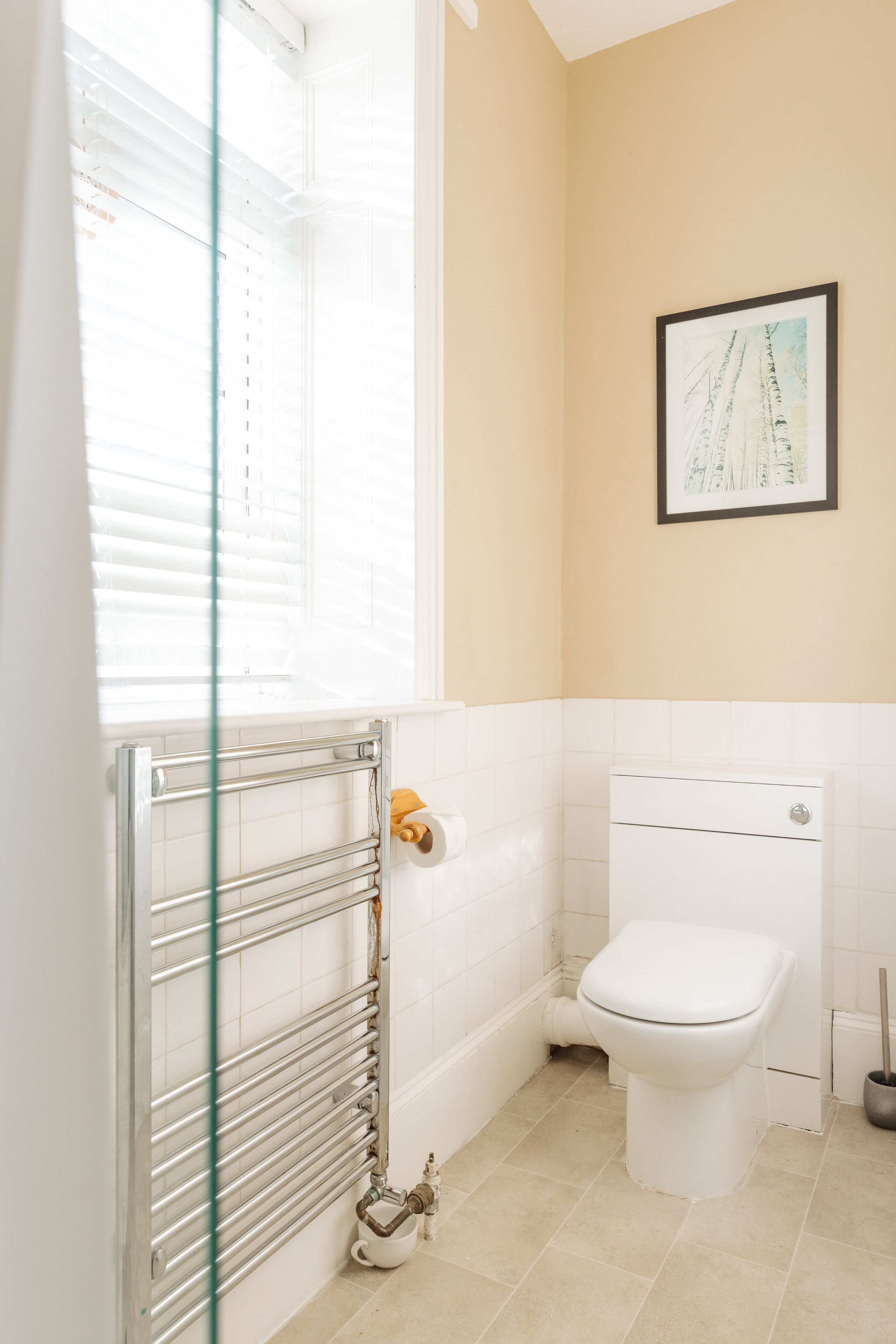 A bathroom with a toilet, a glass shower enclosure, a radiator, and a framed picture on the wall.