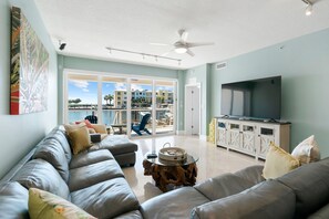 Smart TV, fireplace, DVD player, foosball