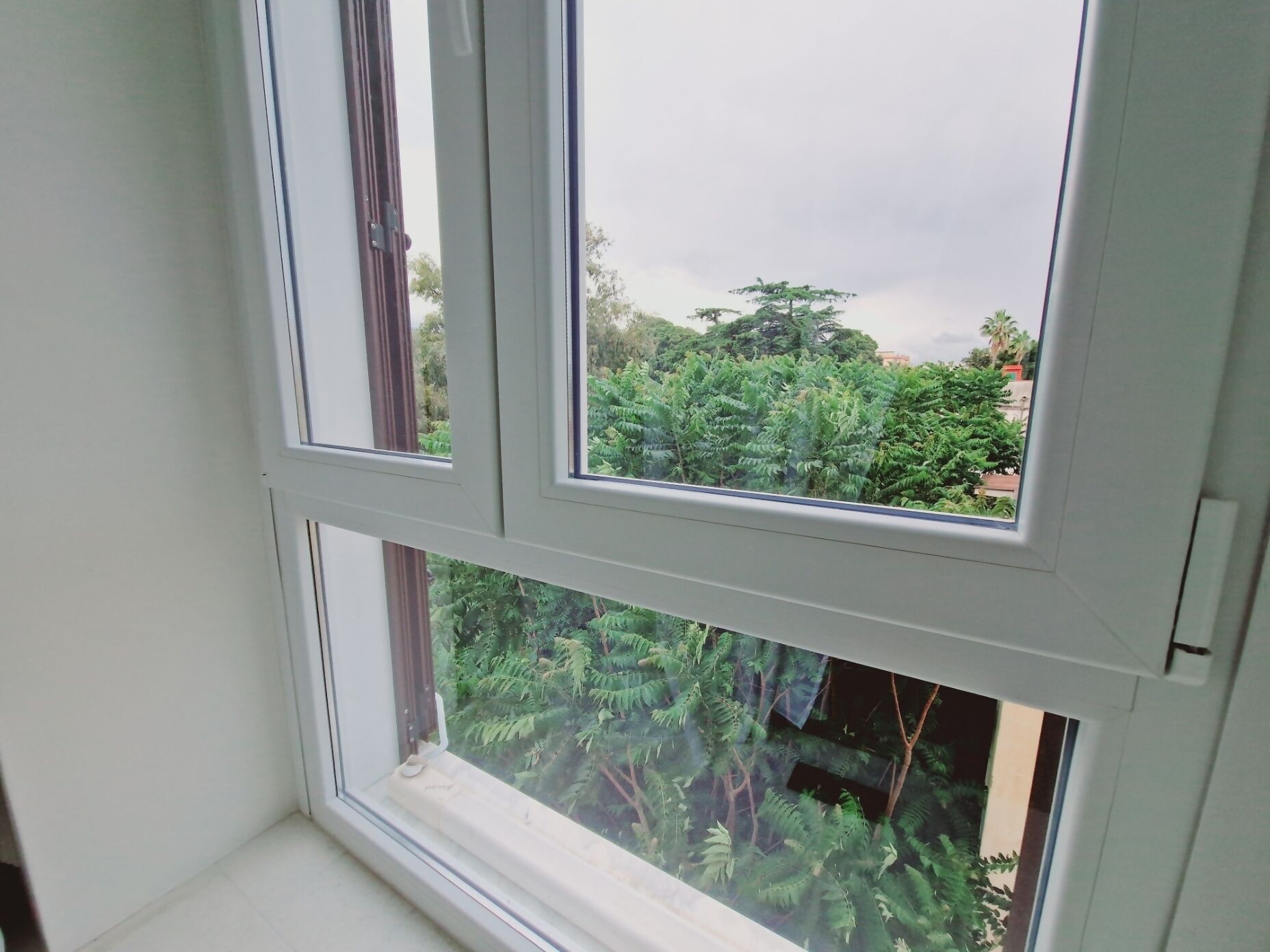 A room with a window overlooking a lush garden.