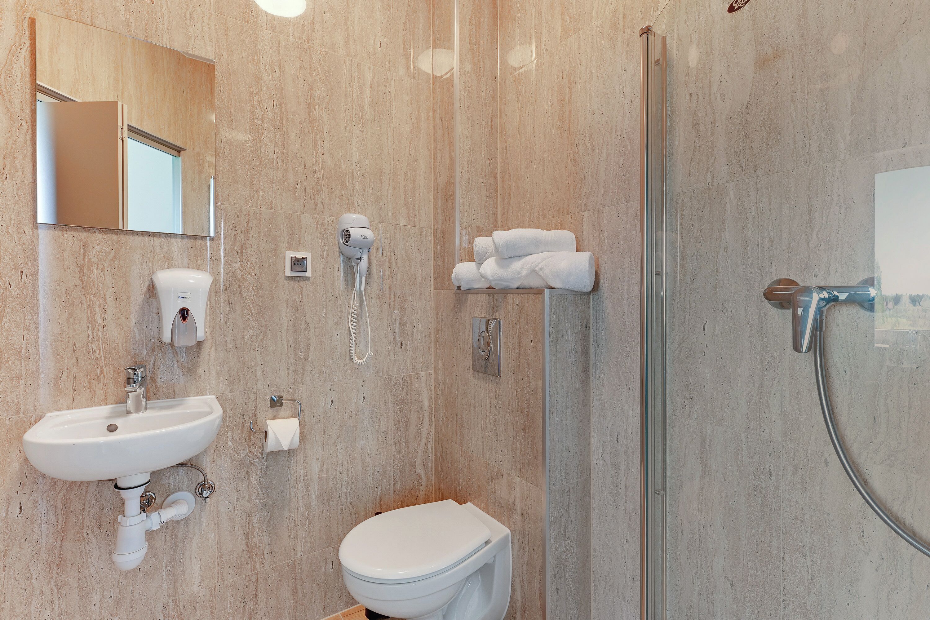 standard double or twin room | bathroom | shower, rainfall showerhead, hair dryer, heated floors