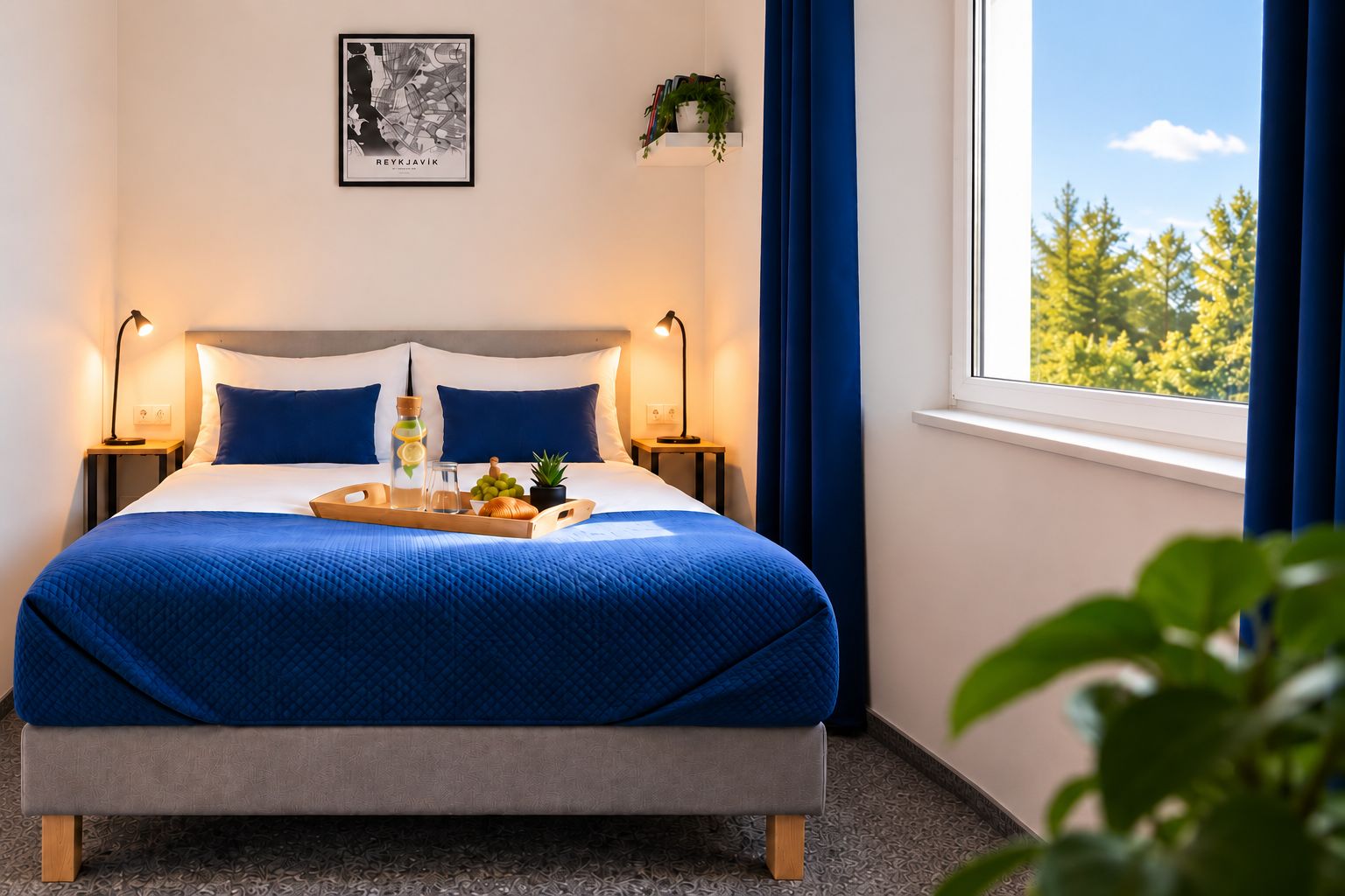 A neatly made bed with a blue blanket, a tray with fruits and a bottle, two bedside lamps, a framed picture on the wall, and a window with a view of trees.