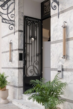 A black wrought iron door with a decorative handle, set in a building with marble walls and a potted plant in the foreground. - Slo Hostel Nice (Nice)