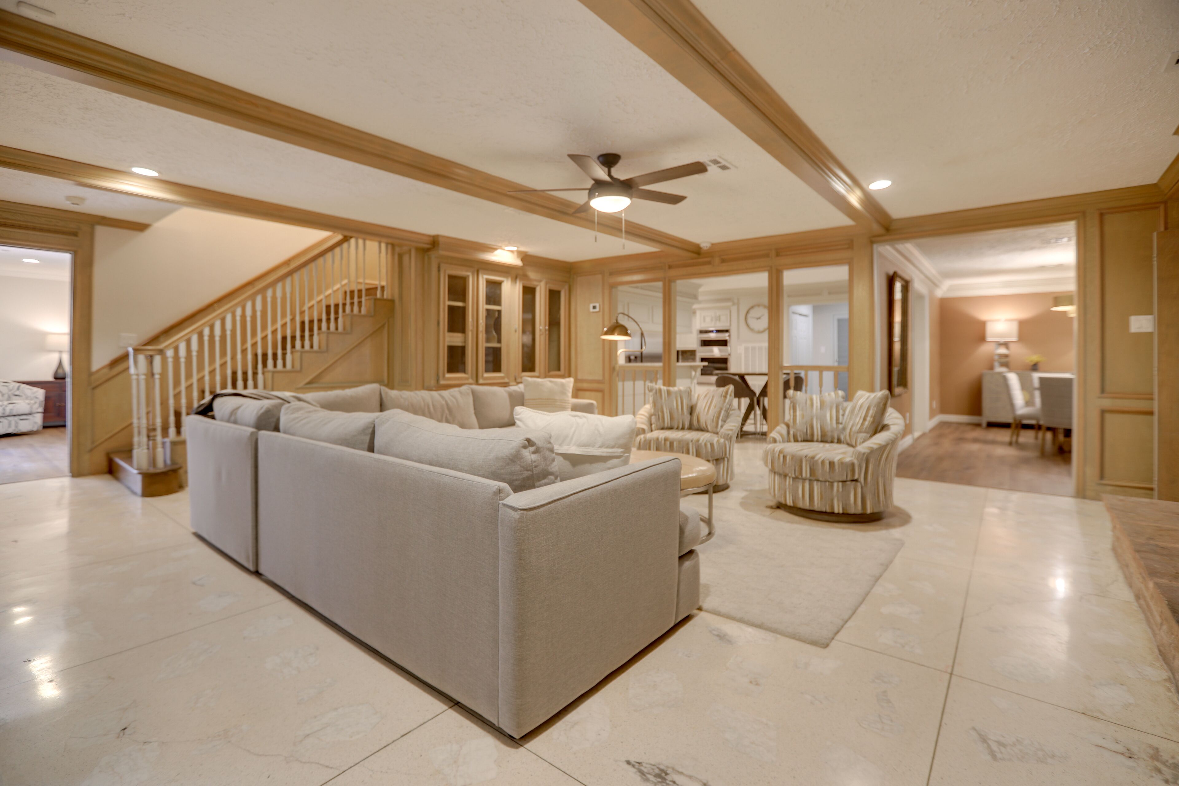 TV, fireplace, books