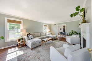 TV, fireplace, books