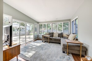 TV, fireplace, books