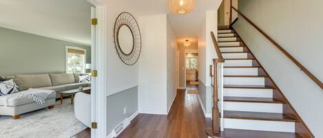 TV, fireplace, books