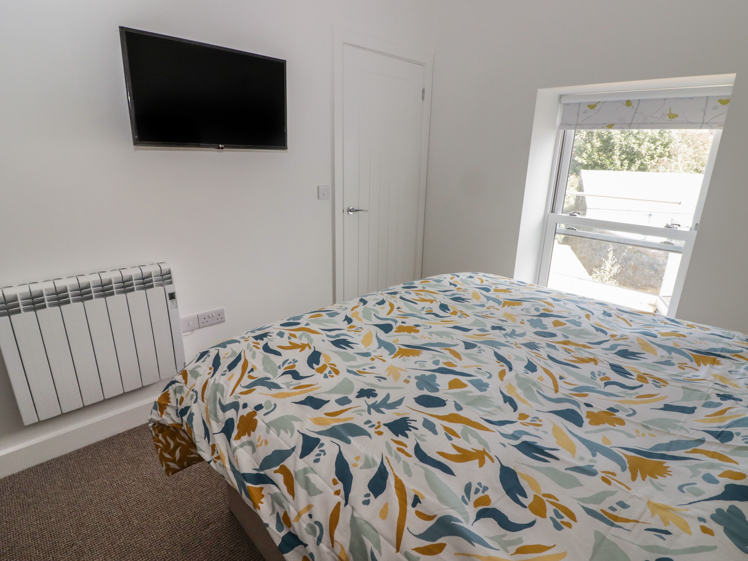 A bedroom with a bed, a radiator, a TV mounted on the wall, a door, and a window.