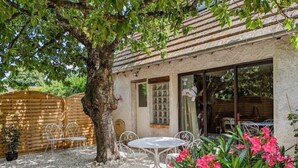 A patio area with a table and chairs, a wooden fence, and a tree providing shade. - "Le Clos de la Reine", Maison Avec Piscine (Josnes)