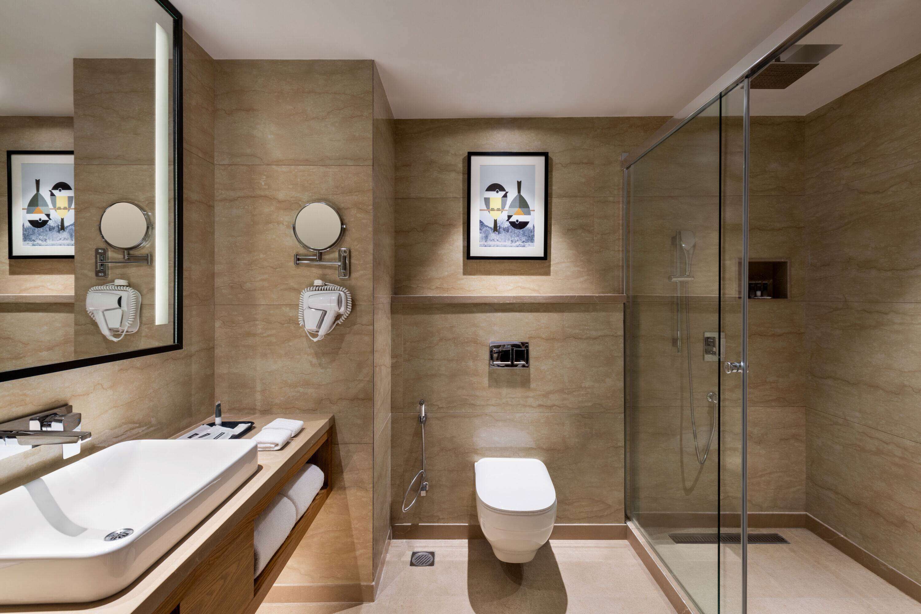 shower, rainfall showerhead, eco-friendly toiletries, hair dryer