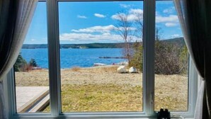 A window with a view of a beach and a body of water.
