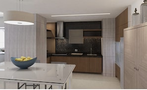 Fridge, microwave, oven, cookware/dishes/utensils